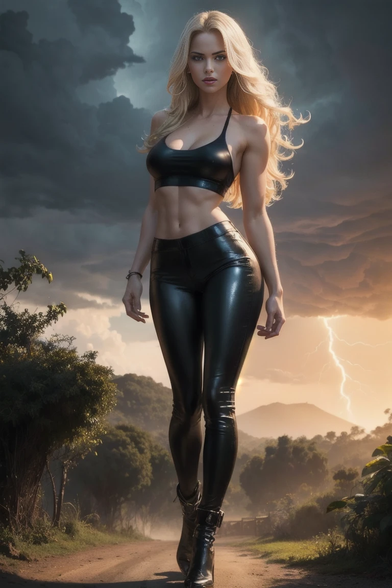 full body From side. Full body shot of An ultra hot gorgeous European woman. Age 23. She’s a playmate and men magazine model. long blonde hair. blue eyes, red lips, In a jungle landscape ranch. Looking at the sky with dark black storm clouds lightning She wears leather pants and brown leather jacket and white tank top. Perfect anatomy, perfect hair, perfect breast, perfect body, perfect hands, perfect face, perfect eyes, accurate, anatomically correct, perfect clear and crisp focus, dramatic cinematic light
