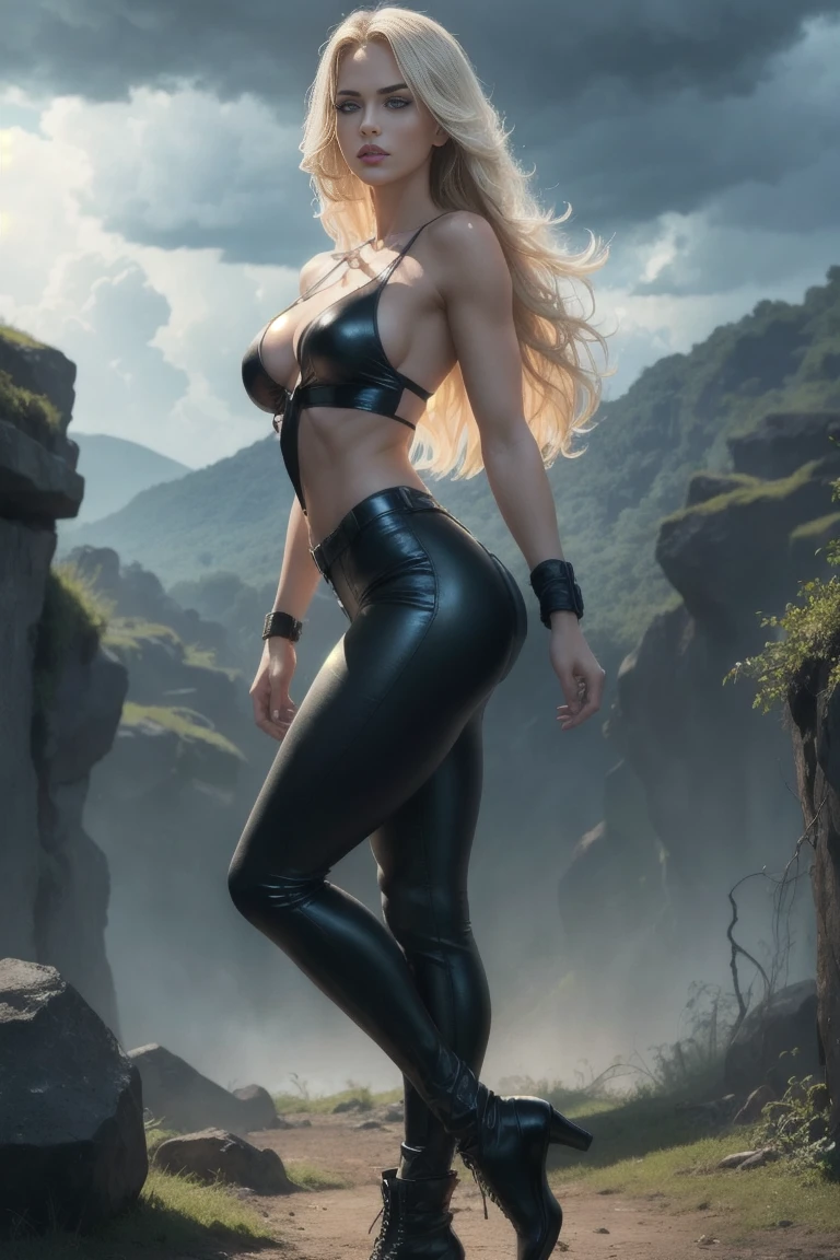 full body From side. Full body shot of An ultra hot gorgeous European woman. Age 23. She’s a playmate and men magazine model. long blonde hair. blue eyes, red lips, In a jungle landscape ranch. Looking at the sky with dark black storm clouds lightning  She wears leather pants and brown leather jacket and white tank top. Perfect anatomy, perfect hair, perfect breast, perfect body, perfect hands, perfect face, perfect eyes, accurate, anatomically correct, perfect clear and crisp focus, dramatic cinematic light