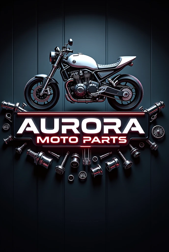 Give me a logo for a motorcycle parts store called AURORA MOTO PARTS, give me a current image in 3D, and put some motorcycle parts from the picture