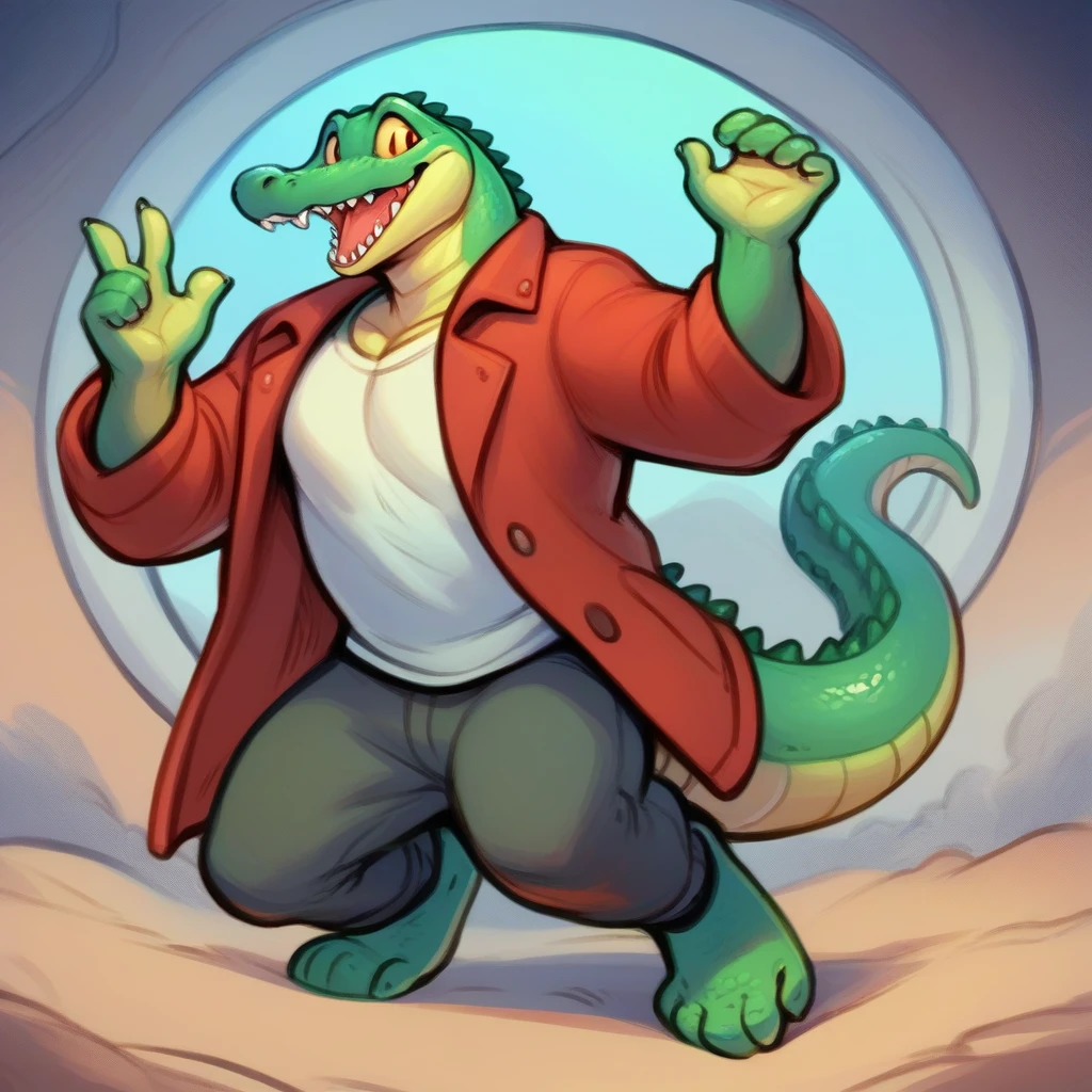 scalie, crocodile, anthro, solo, clothing, male, topwear, clothed, red coat, detailed background, hi res, feet, shirt, open mouth, presentation pose, smile, toes, 5 fingers, fingers, gesture, teeth, biped, barefoot,
