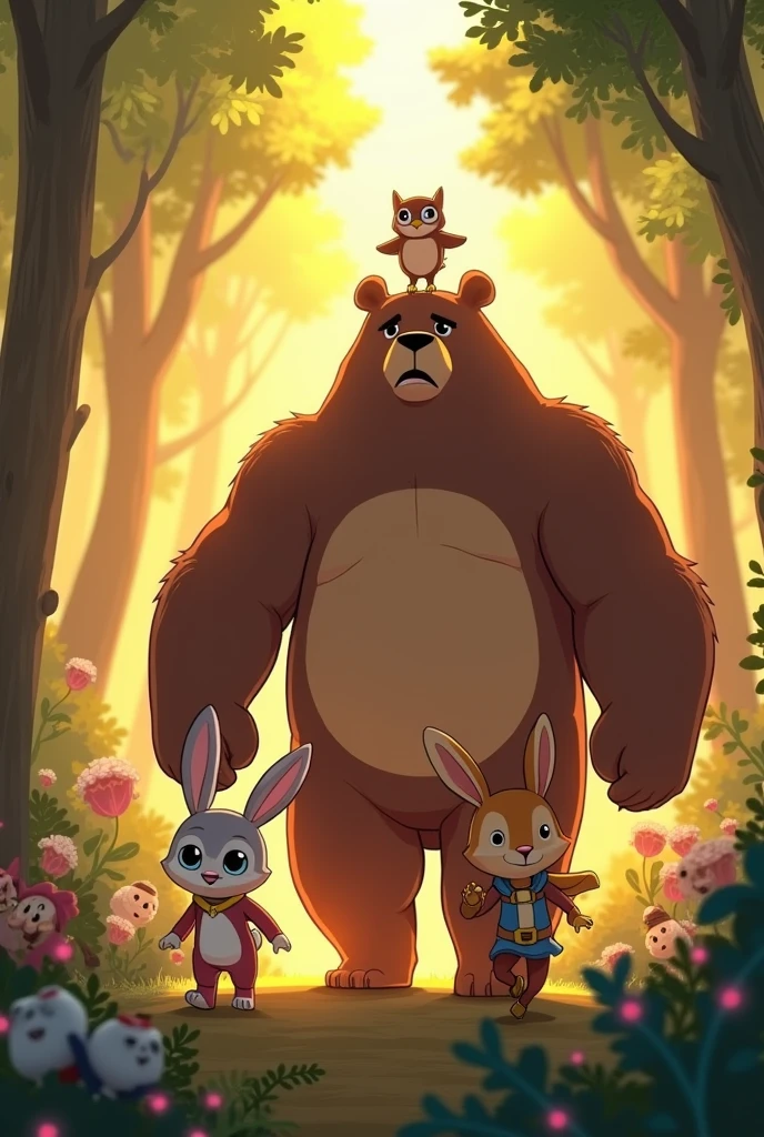 "The Triumphant Return": Tico the fast rabbit, Luna the wise owl, and Bento the strongest bear in the world returning to the magical forest, now with his new powers. The surrounding forest is full of life, with animals of all species gathered to greet them, celebrating their triumphant return under the golden light of the sunset.