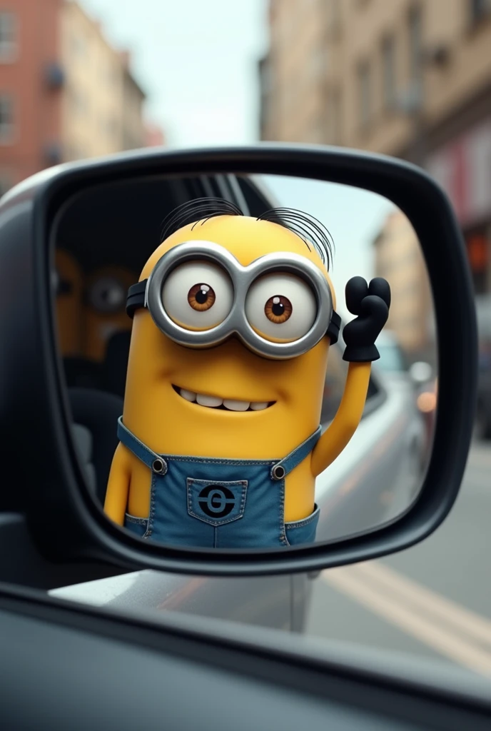A Minion from the side taking a photo in the side mirror