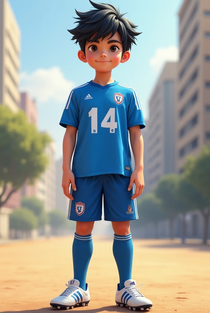 צור לי תמונה של נער בן שלוש עשרה עם שיער שחור עם פוני הילד יחסית גבוה עם חולצה כחולה של הפועל בית שאן עם המספר 14 בגב של החולצה עם מכנסיים כחולים גרביים כחולות ארוכות עד הברך ונעלי פקקים מדגם f50 של אדידס