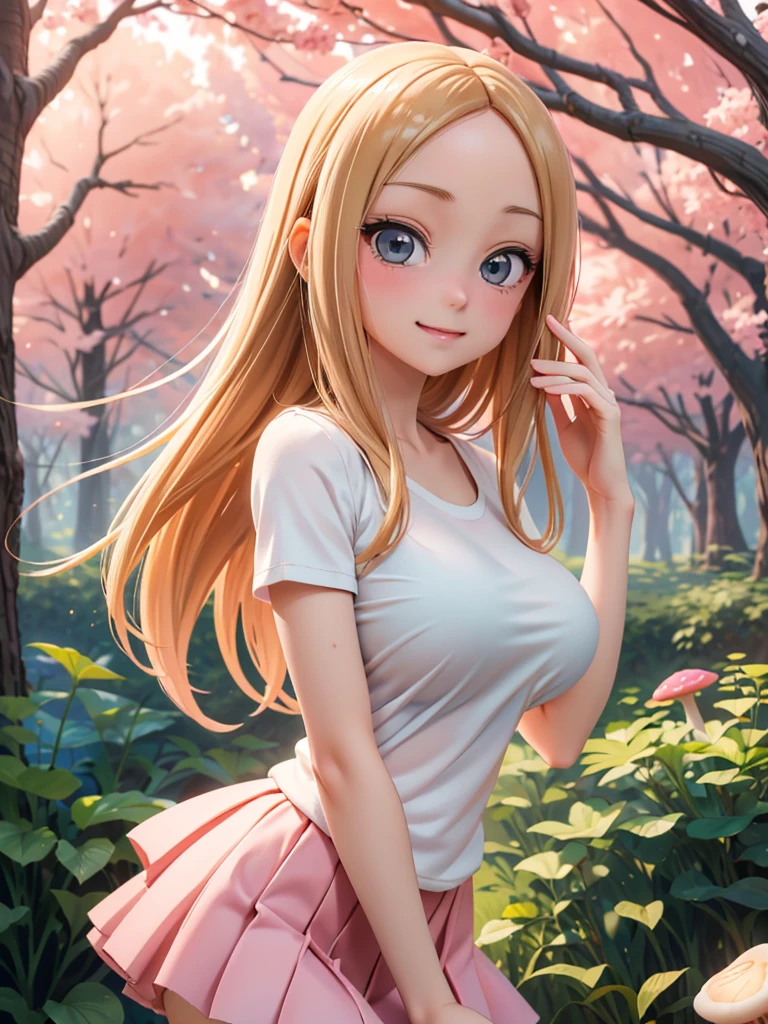 Takagi (Karakai Jōzu no Takagi-san) masterpiece, best quality:1.4), (8K), Young blonde beauty, (((18 years old, neat girl))), detailed blue eyes, long eyelashes, blush, kind smile, upper body, sñhuge tits nude, big nude ass, slender thin legs, pink skirt, (looking at viewer), beautiful blonde hair, white-skinned, long hair, bangs, ( huge size tits), (mushroom forest, celestial forest, beautiful and magnificent pink sunshine, majestic sky), colorful natural light)