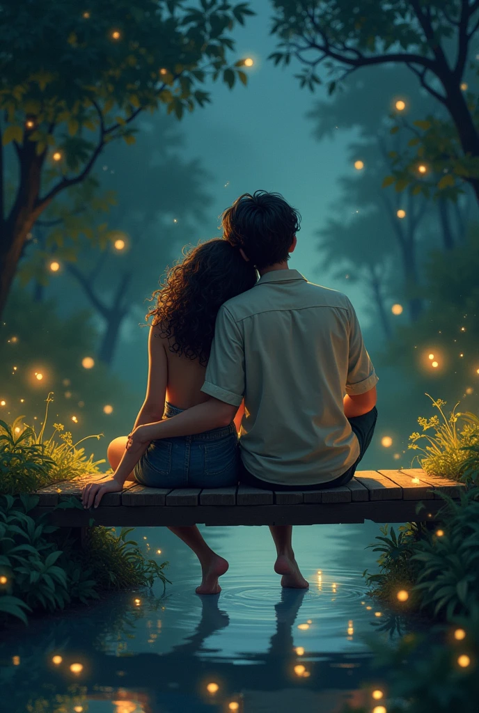 A curly haired girl leaning on a tall boy's shoulder as they sit on a small bridge over a river watching fireflies at night