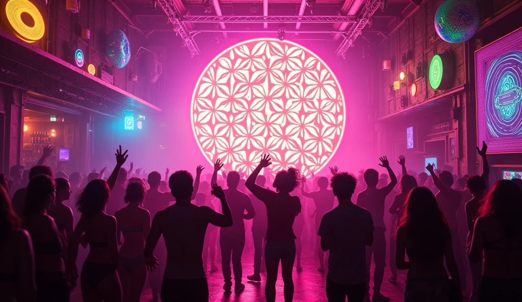 Une image de rave dans un petit bar avec une ambiance psychédélique. Une grande fleur de vie lumineuse au centre. Des décoration psychédélique Fluo sur les cotées. un publique qui danse, qui saute et qui lève les bras. une lumière naturel