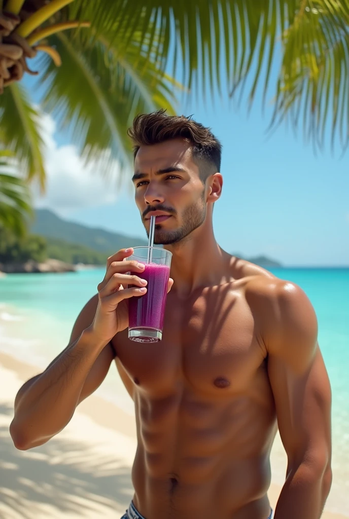 realistic man 25 to 35 years old, Drinking Acai on the Beach, salmonete, in park, ultra HD, high qualiy, best qualityer, high resolution, 8k, 16K