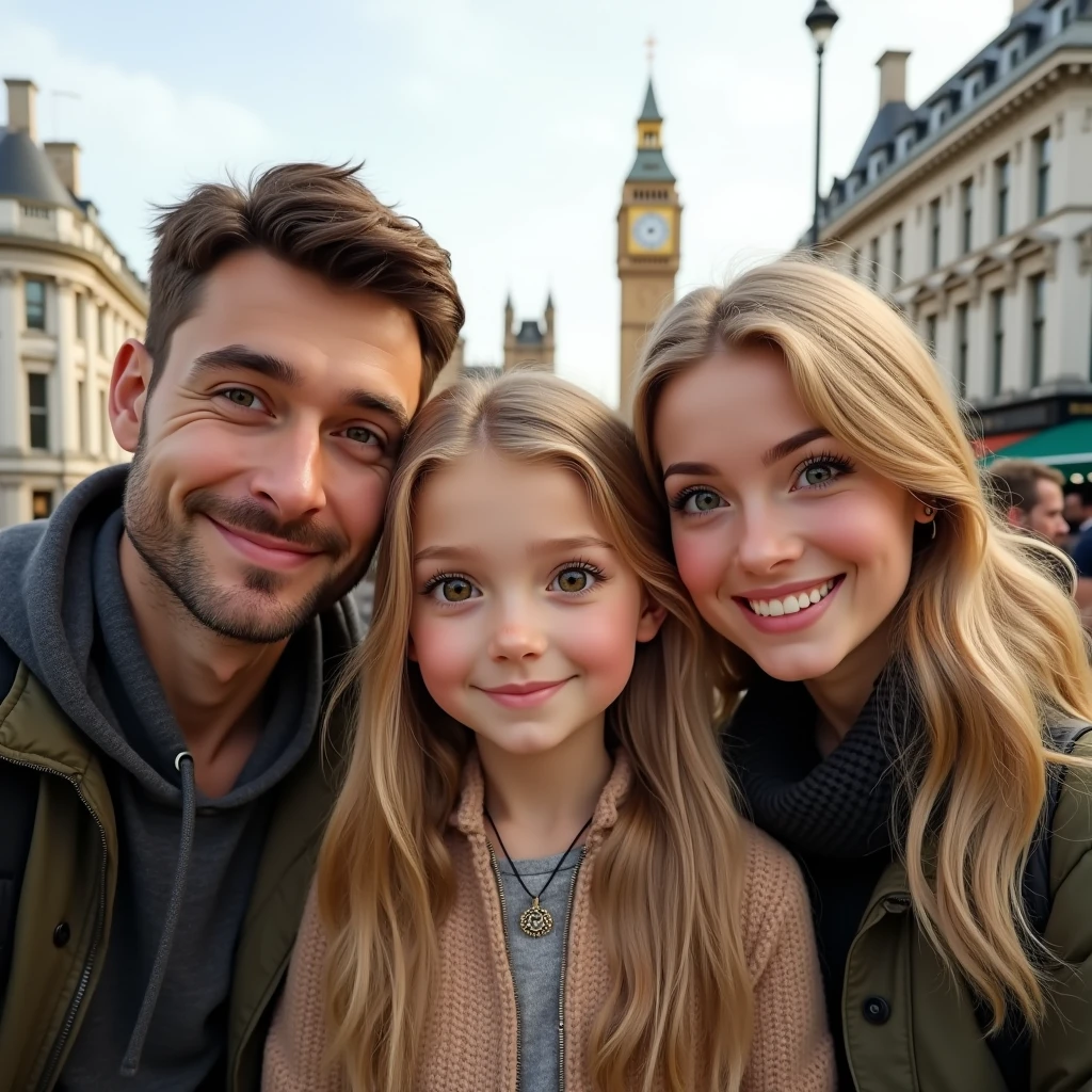 Blonde child , blue eyes very long hair hugging her father, brown hair and eyes and her mother blonde green eyes long hair taking a selfie on the streets of London 8k ultra realistic