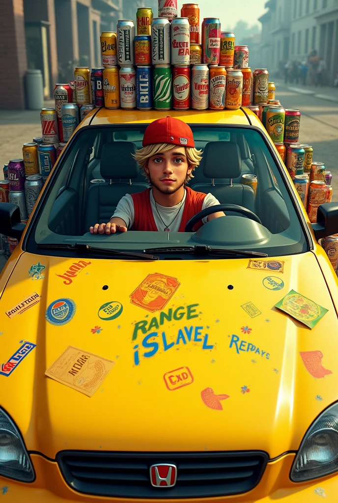  voiture jaune type honda logo, jeune homme au volant, cheveux blond, barbe mi longue, bob de couleur rouge, tout petit yeux brun, centaines de canettes de bieres a l’arriere de la voiture, autocollants d’alcool sur la voiture  