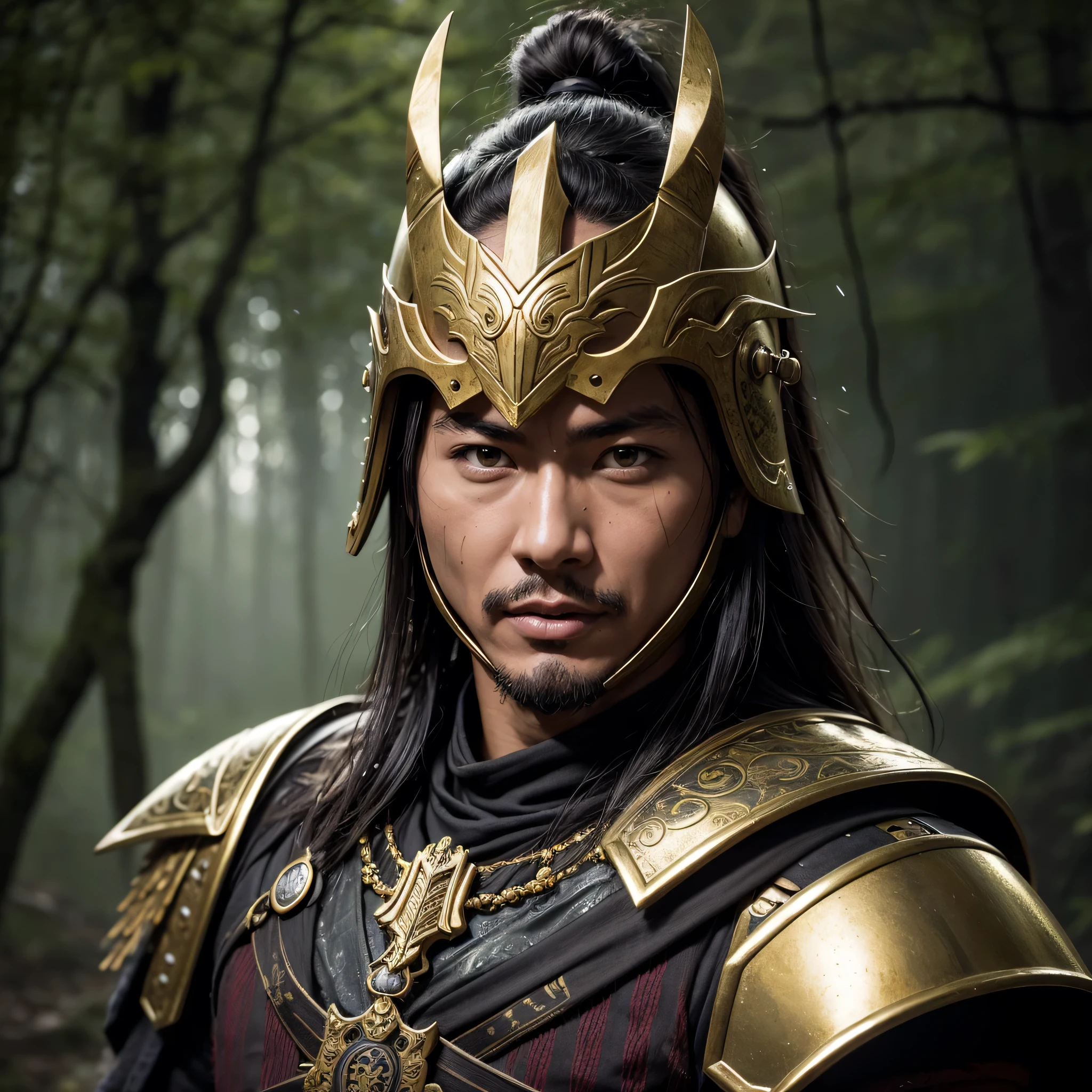 Realistic shot of an ancient samurai warrior, with dark iron armour and gold ornaments (on the breastplate helmet), in the middle of a wet and rainy forest, with an old pagoda behind. In UHD 8K, hyper-realistic cinematic lighting.High details, anatomically correct, textured skin, open mouth, Frowns, light smile, Vein of anger, Hasselblad, foreground, hair ornament, Hair bow, mask/sale/face mask, foreshortening, bokeh,