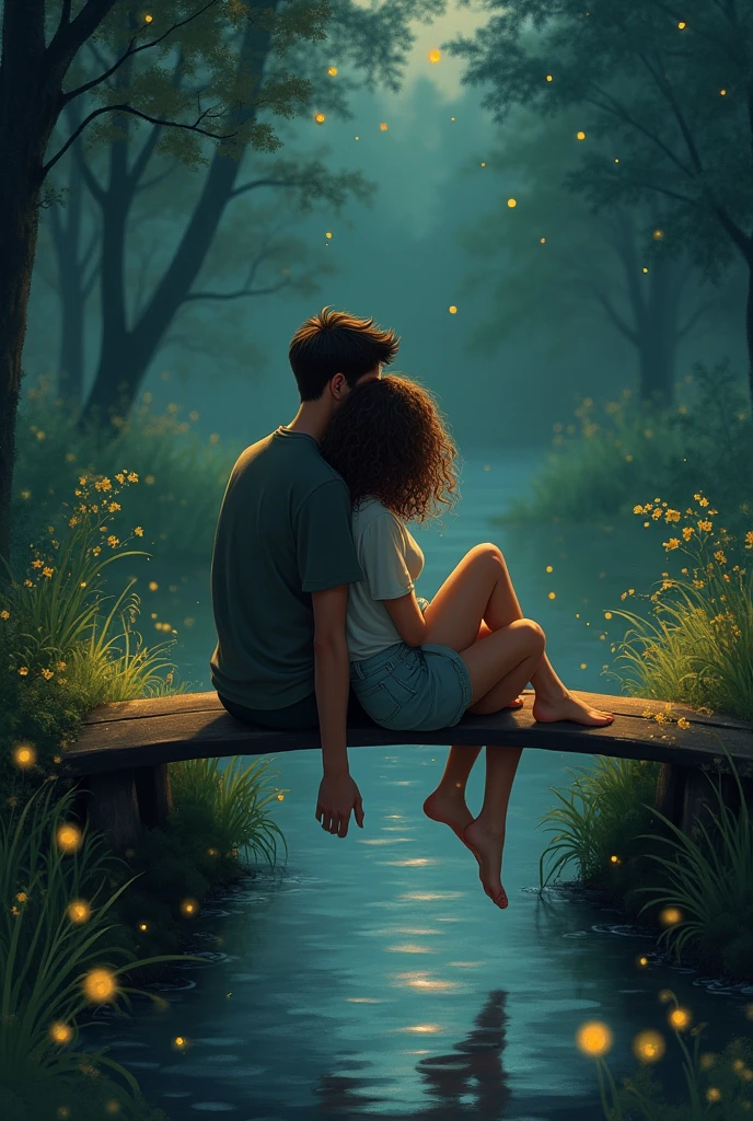 A curly haired girl leaning on a tall boy&#39;s shoulder as they sit on a small bridge over a river watching fireflies at night