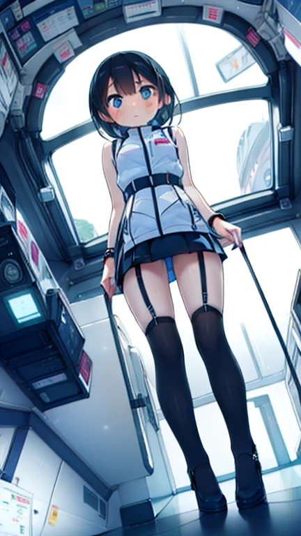 (Highest quality), (masterpiece), 1080P, High resolution, 4K, 8k, Inside the space station、Futuristic room、Thigh straps, Shooting from directly below, The woman on top of me, 白いSweat, Covered , Sweat, Woman looking down, Skirt swimsuit, Thigh-high socks, To achieve this, , , whole body, Black leather shoes, Braided hair, Inner Color, Embarrassed face, Short black hair, bracelet, Bedroom,celestial body_Vest
