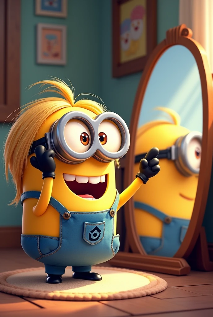 A Minion taking a photo in the mirror of his house on the right side,  with slightly long blonde hair