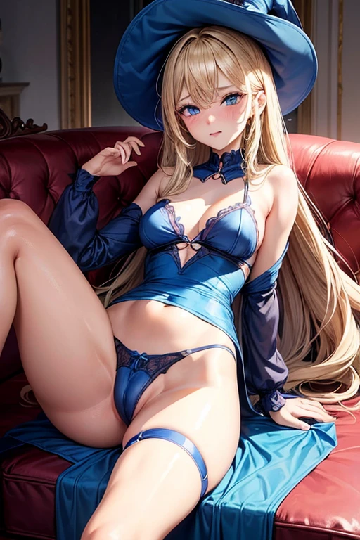 Draw a single female character in the image. in anime style at 22 years old. Wearing a sexy blue witch costume, thong panties and witch hat, sitting on the living room sofa with her legs open and her hands on her pussy. View from bottom to top. (Long blonde hair reaching to the waist, blue colored eyes, Waist slender, small breasts and big, perky ass). View from bottom to top evidenciando a buceta. smirk on face. (Long blonde hair reaching to the waist, blue colored eyes, Waist slender, small breasts and big, perky ass, sexy and well-shaped thighs.). Lying on the couch with your legs completely open.legs up completely open and pussy swollen. Sexy and provocative position with legs wide open. No panties masturbating her pussy with her right hand. Sexy masturbation. Big wet pussy. Putting a big thick dildo inside the pussy. Vaginal penetration with a big, thick dildo. Facial expression of great sexual pleasure.