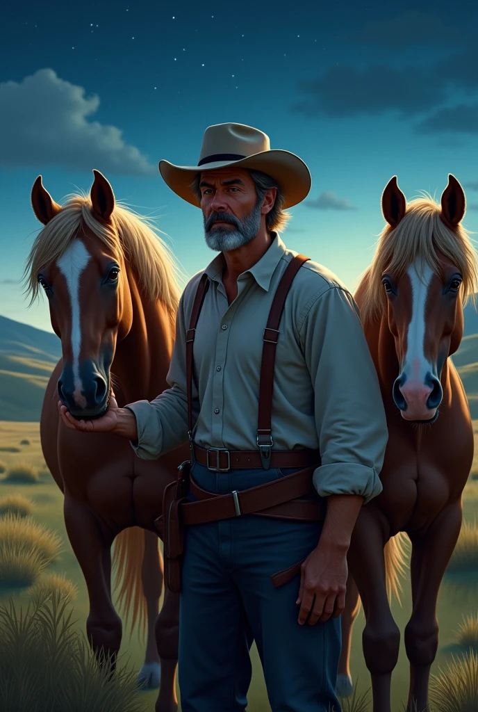 Farmer at night and his horses