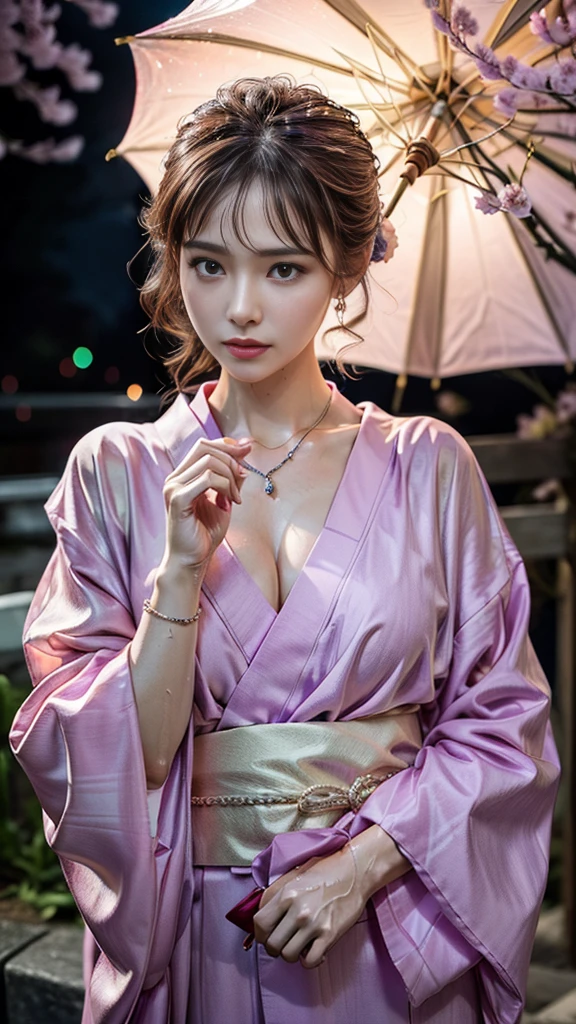 (RAW shooting, Photoreal:1.5, 8K, highest quality, masterpiece, ultra high resolution), ((after the night rain)), Highly detailed skin and facial textures:1.3, perfect dynamic composition:1.2, (In front of a shrine at night in a modern city, Cherry blossoms at night:1.0, expression of sadness:1.0, Tears are flowing:1.0, cry with a broken heart:1.0), slim office lady:1.3, cowboy shot, Fair skin:1.2, sexy beauty:1.1, perfect style:1.2, beautiful and aesthetic:1.1, very beautiful face:1.2, water droplets on the skin, (rain drips all over my body:1.2, wet body:1.2, wet hair:1.3), (Professional kimono dressing:1.1, Holding a bouquet of wet cherry blossoms:1.2, Wear a wet light purple kimono correctly:1.3), (plump breasts, Bra is sheer, Chest gap),  (Eyes that feel beautiful eros:0.8, Too erotic:0.8, Bewitching:0.8), necklace, earrings, bracelet, wedding ring, Highly detailed and accurate hand and finger representations