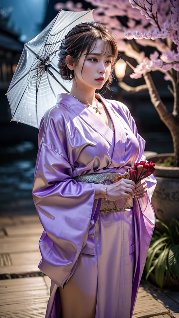 (RAW shooting, Photoreal:1.5, 8K, highest quality, masterpiece, ultra high resolution), ((after the night rain)), Highly detailed skin and facial textures:1.3, perfect dynamic composition:1.2, (In front of a shrine at night in a modern city, Cherry blossoms at night:1.0, expression of sadness:1.0, Tears are flowing:1.0, cry with a broken heart:1.0), slim office lady:1.3, cowboy shot, Fair skin:1.2, sexy beauty:1.1, perfect style:1.2, beautiful and aesthetic:1.1, very beautiful face:1.2, water droplets on the skin, (rain drips all over my body:1.2, wet body:1.2, wet hair:1.3), (Professional kimono dressing:1.1, Holding a bouquet of wet cherry blossoms:1.2, Wear a wet light purple kimono correctly:1.3), (plump breasts, Bra is sheer, Chest gap), (Eyes that feel beautiful eros:0.8, Too erotic:0.8, Bewitching:0.8), necklace, earrings, bracelet, wedding ring, Highly detailed and accurate hand and finger representations