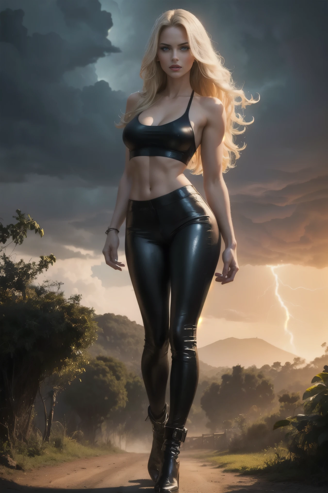 full body From side. Full body shot of An ultra hot gorgeous European woman. Age 23. She’s a playmate and men magazine model. long blonde hair. blue eyes, red lips, In a jungle landscape ranch. Looking at the sky with dark black storm clouds lightning She wears leather pants and brown leather jacket and white tank top. Perfect anatomy, perfect hair, perfect breast, perfect body, perfect hands, perfect face, perfect eyes, accurate, anatomically correct, perfect clear and crisp focus, dramatic cinematic light