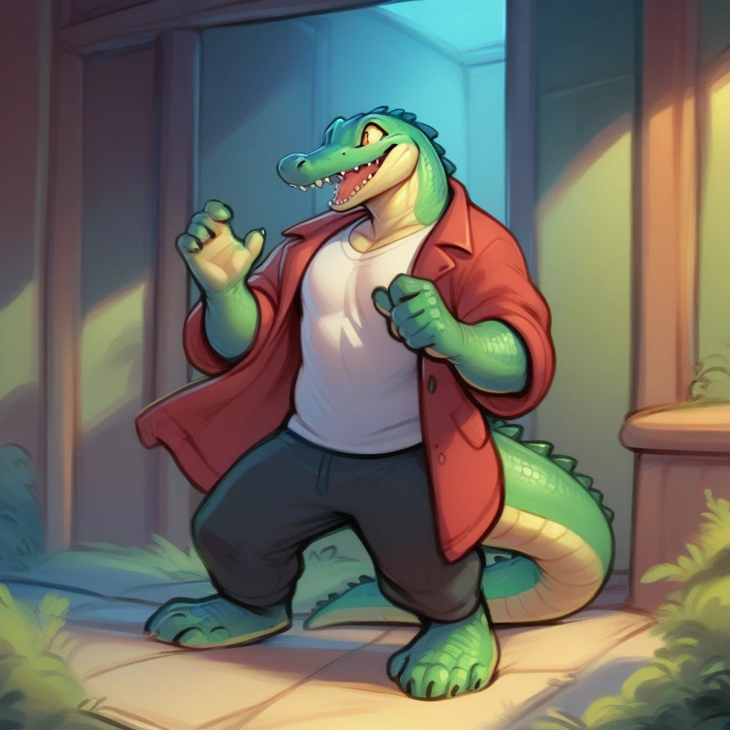 scalie, crocodile, anthro, solo, clothing, male, topwear, clothed, red coat, detailed background, hi res, feet, shirt, open mouth, presentation pose, smile, toes, 5 fingers, fingers, teeth, biped, barefoot,