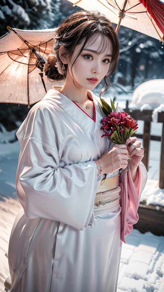 (RAW shooting, Photorealistic:1.5, 8k, highest quality, masterpiece, Ultra-high resolution), ((((heavy snow, Blizzard)))), Highly detailed skin and facial textures:1.3, Perfect dynamic composition:1.2, (Shrine at night in a modern city, Expressions of sadness:0.9, Tears flow:0.9, Crying with a broken heart:0.9), Slim office lady wet with rain:1.3, Cowboy Shot, Fair skin:1.2, Sexy beauty:1.1, Perfect Style:1.2, beautifully、aesthetic:1.1, Very beautiful face:1.2, Water droplets on the skin, (Rain dripping down on my body:1.2, Wet body:1.2, Wet Hair:1.3), (Professional kimono dressing:1.1, Holding a bouquet of wet lilies:1.2, The correct way to wear a wet silver kimono:1.3), (Medium Chest, Bra is sheer, Chest gap),  (Beautiful erotic eyes:0.9, Too erotic:0.9, Fascinating:0.9), necklace, Earrings, bracelet, wedding ring, Highly detailed hands and fingers