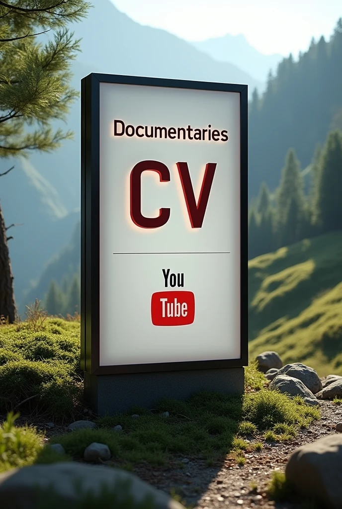 Sign with the Title that says at the top Documentaries CV, sign that says YouTube at the bottom, in a natural landscape.