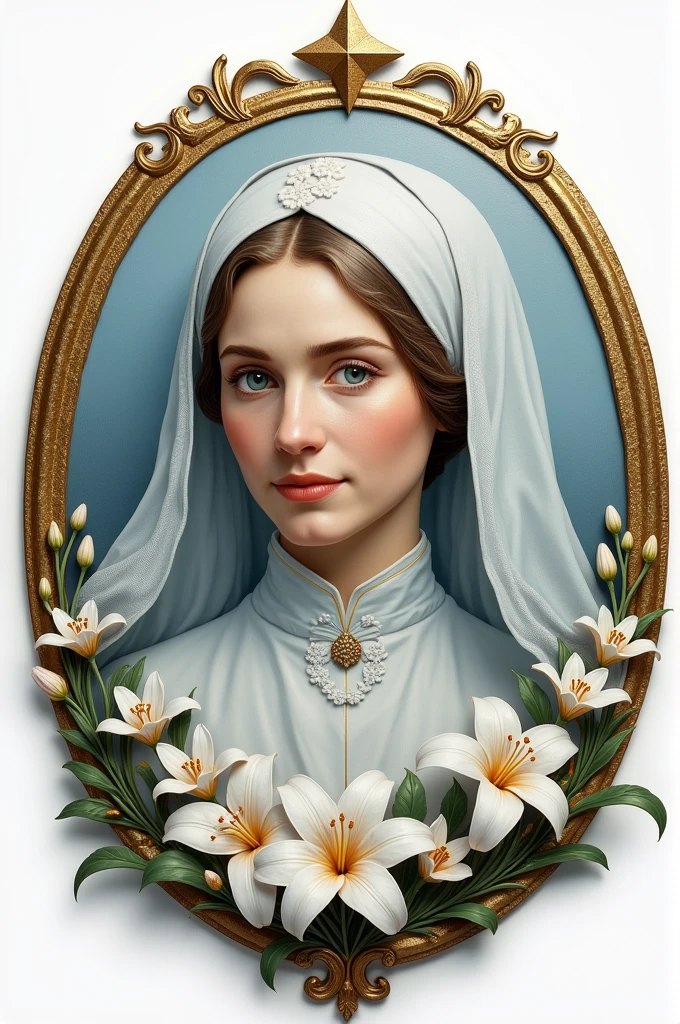 Badge of Saint Florence Nightingale in the form of three points at the top and bottom oval and gold edges and a photo of her in the center 1. **Nursing lamp**: Represents light 2. **flores** and petals : . We could include lilies or other plants 4. **Star or cross**: To symbolize medical care and commitment to health. 5. **colors**: Soft tones like light blue (representing calm and confidence) and the white (which symbolizes purity and attention).