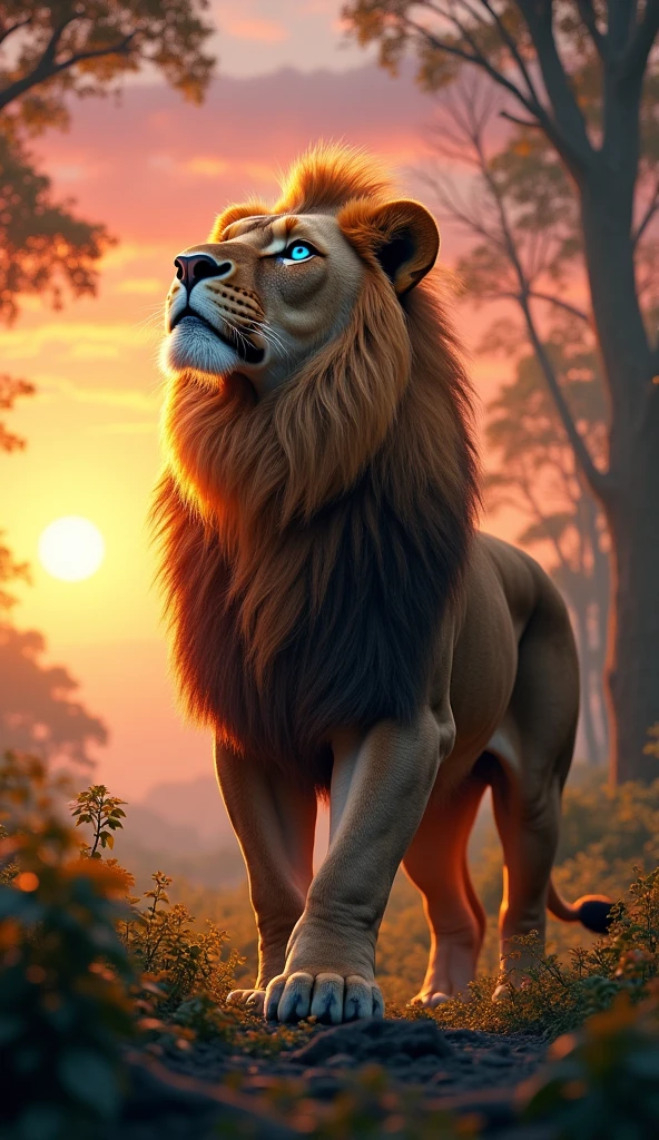Generate a super realistic 8k 6d image of a very strong and beautiful lion with blue eyes looking at the sky at sunset