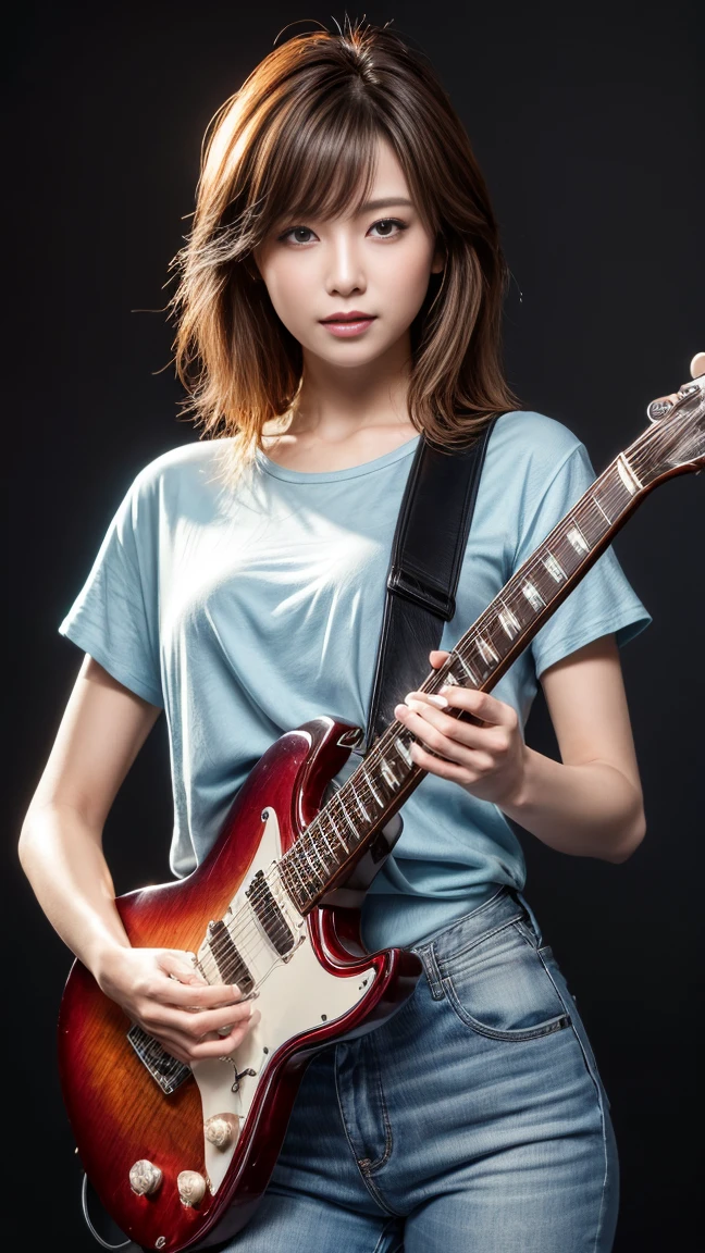 ((masterpiece, Highest quality, High resolution)), ((8K wallpaper incorporating highly detailed CG)), (Huge and stunning goddess shot, Very hot and sexy, Incredible beauty, Perfect Proportions, Beautiful body, Slim body beauty:1.1), Wearing a blue guitar、A man in his 50s wearing a grey shirt, Dreaming Rock Girl, holding a silver electric guitar, play the guitar, Chiho, I have an electric guitar, I have an electric guitar, Portrait of a woman like Leol, I have an electric guitar, I have an electric guitar, エレキplay the guitar, promotional photoshoot, Lockout,