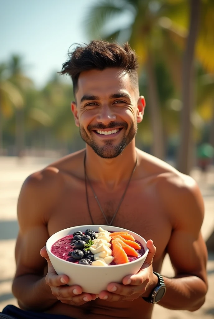 realistic man 25 to 35 years old, eating acai on the beach, salmonete, in park, ultra HD, high qualiy, best qualityer, high resolution, 8k, 16K