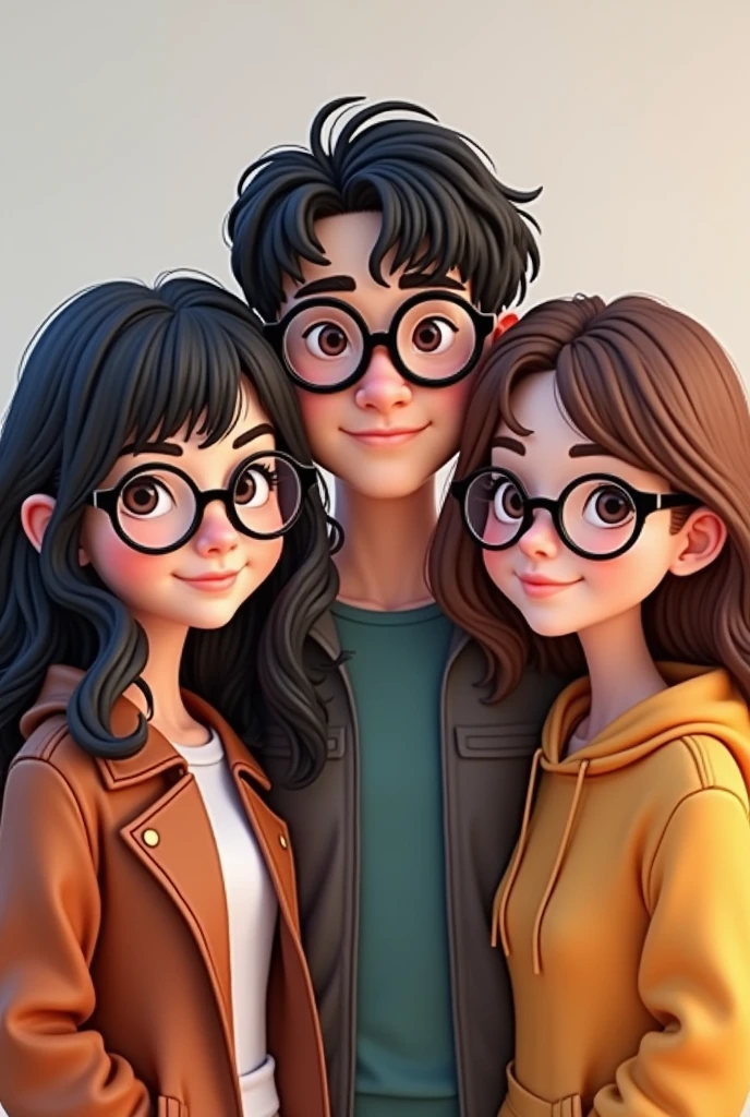 the first girl: white ager with black glasses, Long wavy dark hair with long bangs.
The second boy: white teen short dark hair with glasses the third girl: White teenagerg brown hair with short bangs and glasses