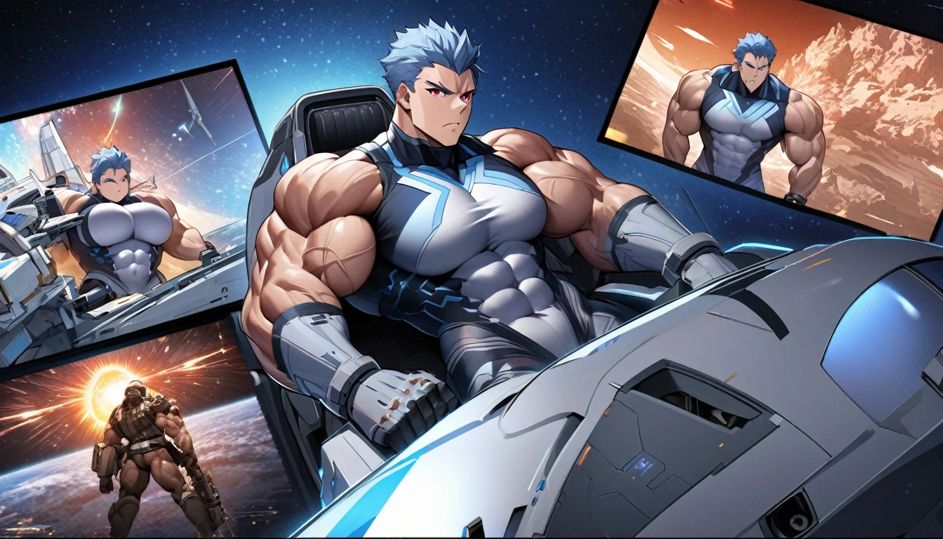(((masterpiece、Top image quality、top-quality、highly detailed unity 8kwall-paper)))、((Illustration of one girl))、(pilot)、(((blue silver short hair)))、Red eyes、((Tall))、(((Muscle Girl、Muscular and strong body、abdominals、muscular and thick arms、muscular and thick legs、stocky build、muscular legs、broad shoulders))))、(((白いpilotスーツ)))、((manspreading、Sitting in the cockpit))、((space fighter cockpit、The Universe on the Monitor、Earth seen from space))