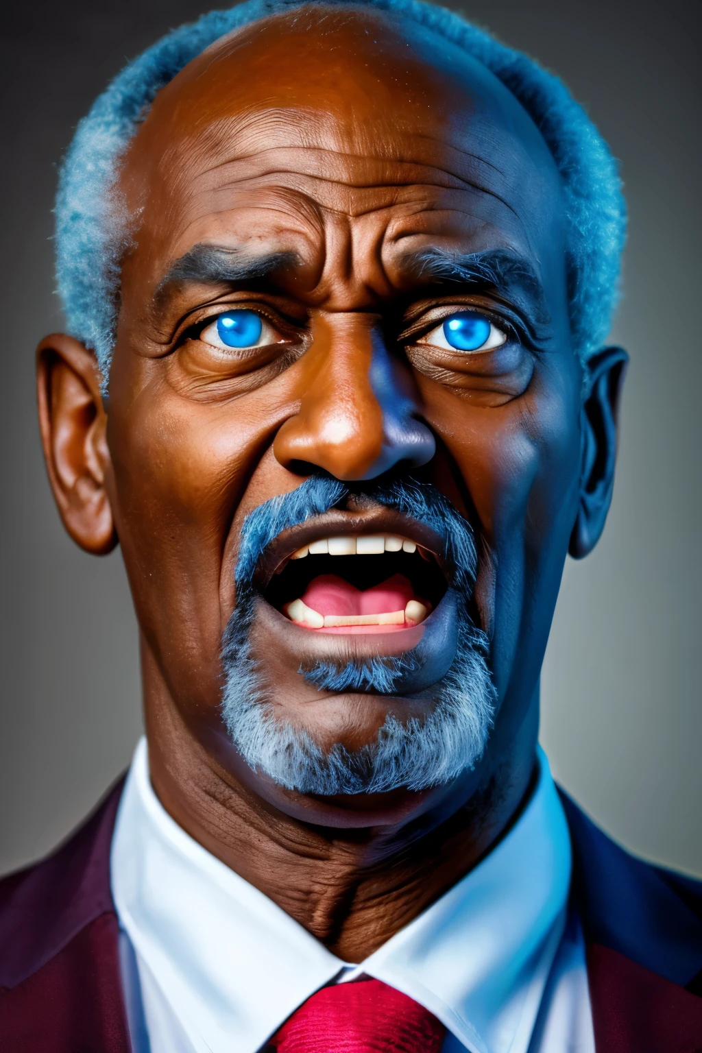 man old, yelling, pointing the index finger forward, close no rosto, blue piercing eyes, 8k, super detaill, Surrealism