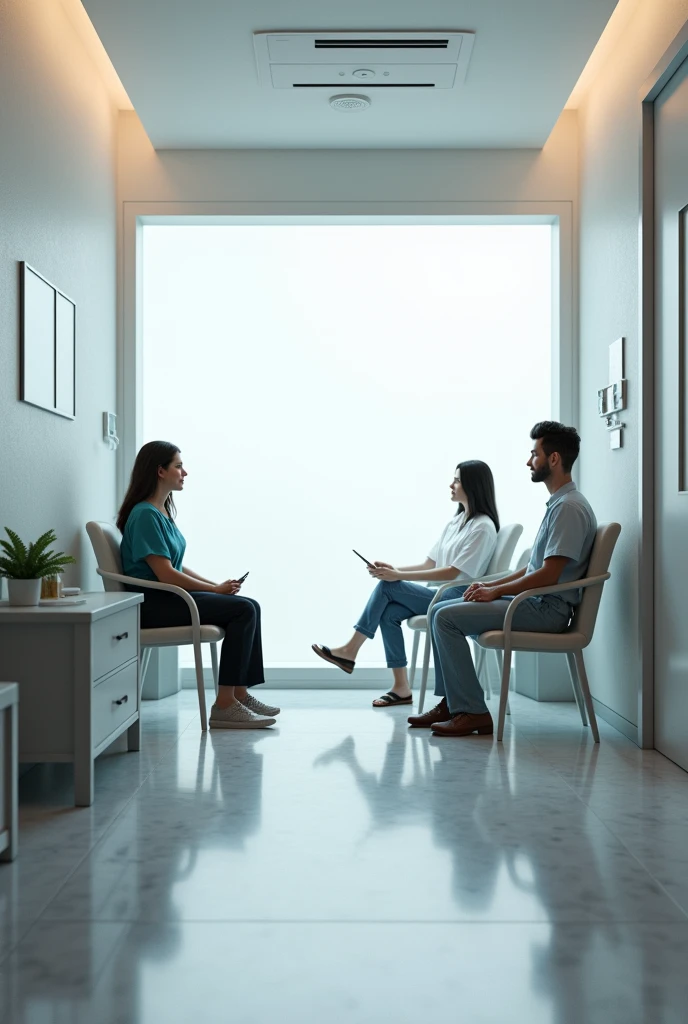 Clinic room with 3 people sitting with light grey terrazzo floor
