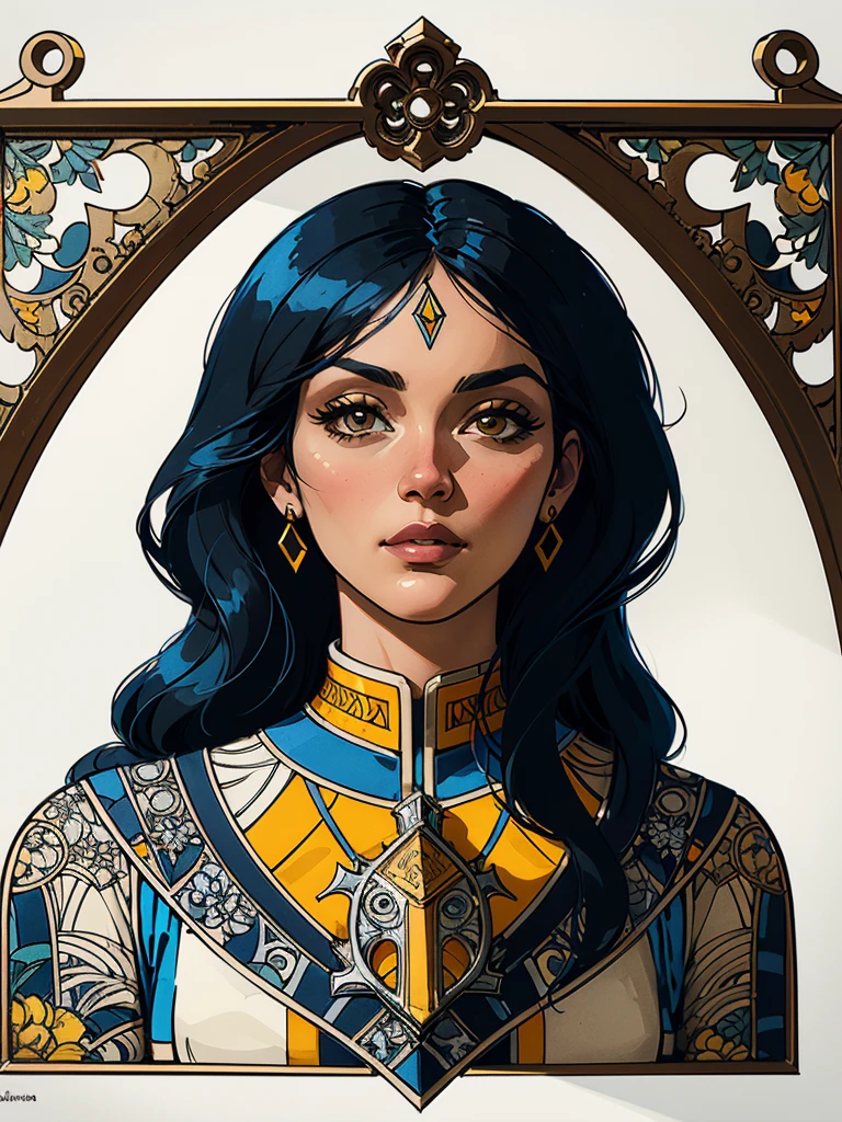 a sticker, (((white background))),(((art nouveau ornamental frame illustrated MUST MANDATORY))), intricately detailed t-shirt design ready for print , 2d, ONE HEAD brown skinned Monica Bellucci as Cleopatra Queen of Egypt black hair,  regal face expression,frontal perspective, Egyptian pyramid sunset at the background,ancient African ornaments,  (cel-shading style:1.3),  inkpunk, (ink lines:1.1), strong outlines, bold traces, high contrast, (cel-shaded:1.1), vector, 32k resolution, best quality, flat colors, flat lights,vector t-shirt art ready for print, intricate rich extremely complex ornaments illustration, illustrated bougainvilleas, extremely detailed and complex illustration, high detail, , 8K-AR, Pro Vector, high quality, digital art, 8k, clean lines style, intricate high details,(((white background)))