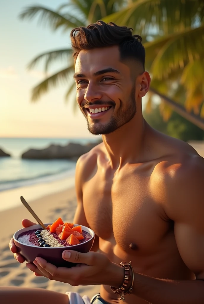realistic man 25 to 35 years old, eating acai on the beach, salmonete, in park, ultra HD, high qualiy, best qualityer, high resolution, 8k, 16K