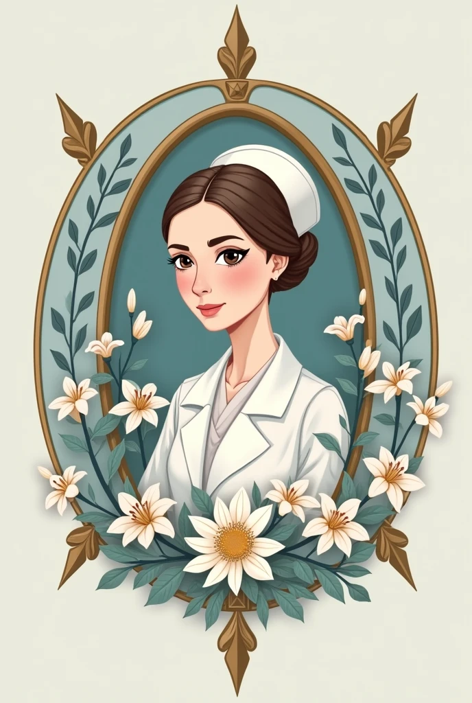 Badge of Saint Florence Nightingale in the form of three points at the top and bottom oval and gold edges and an animated photo of her in the center 1. **Nursing lamp**: Represents light 2. **flores** and petals : . We could include lilies or other plants 4. **Star or cross**: To symbolize medical care and commitment to health. 5. **colors**: Soft tones like light blue (representing calm and confidence) and the white (which symbolizes purity and attention).