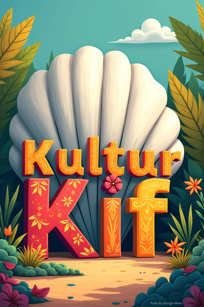 Image du mot kultur kif devant un Grand cauris blanc dans un dessin du pays le togo colorier aux couleurs du drapeau togolais