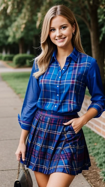 Jenna Boyd wearing elegant royal blue plaid blouse and skirt and smiling