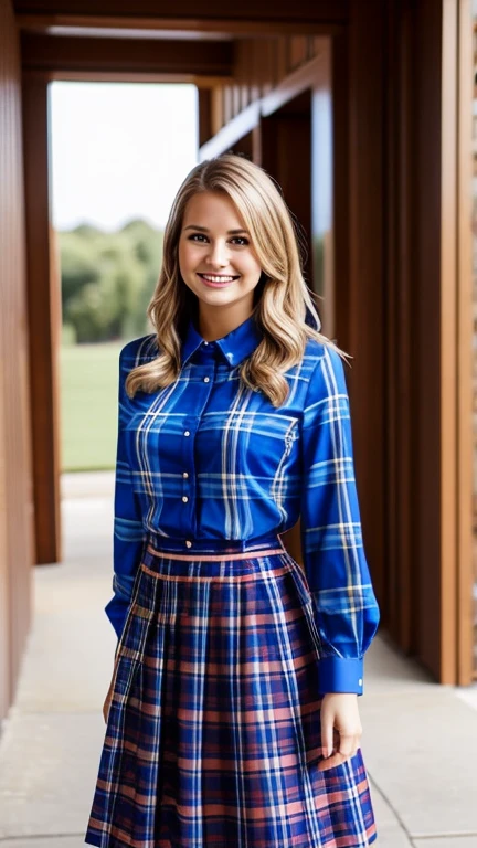 Jenna Boyd wearing elegant royal blue plaid blouse and skirt and smiling