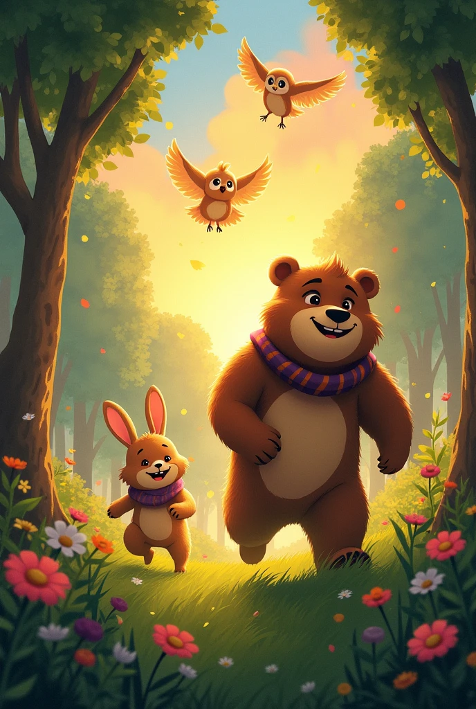 "The Triumphant Return": Tico the fast rabbit, Luna the wise owl, and Bento the strongest bear in the world returning to the magical forest, now with his new powers. The surrounding forest is full of life, with animals of all species gathered to greet them, celebrating their triumphant return under the golden light of the sunset. make the bear smile and strong ,the rabbit running and the owl flying