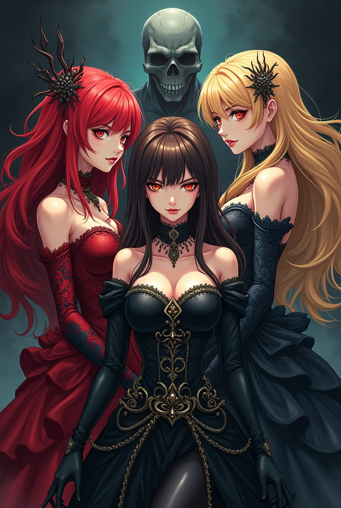 Create art that resembles anime, of three women together, who are princesses with an evil and dark appearance, one being a redhead, another brunette and one blonde
