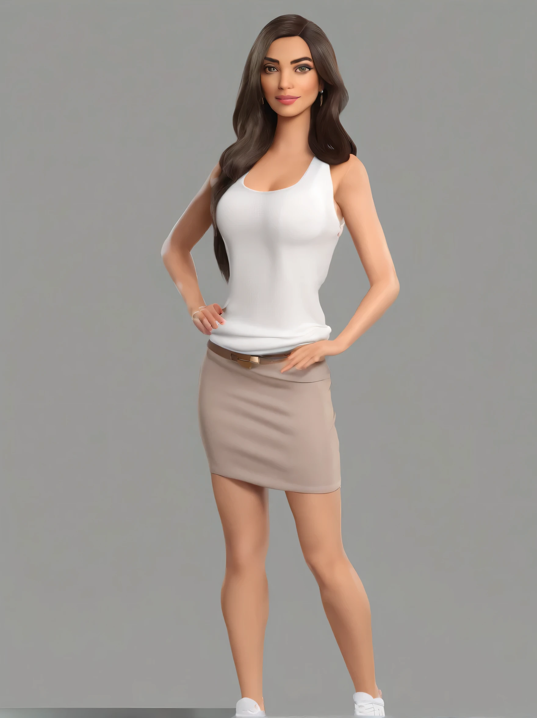 ((Best quality, 8k, Masterpiece :1.3)), Whole body, Sharp focus :1.2, A pretty italian woman with perfect figure :1.4, Slender abs :1.2, ((Dark brown hair, Big breasts :1.2)), Tank top green shirt and skirt :1.1, with white flat background, Highly detailed face and skin texture, Detailed eyes.