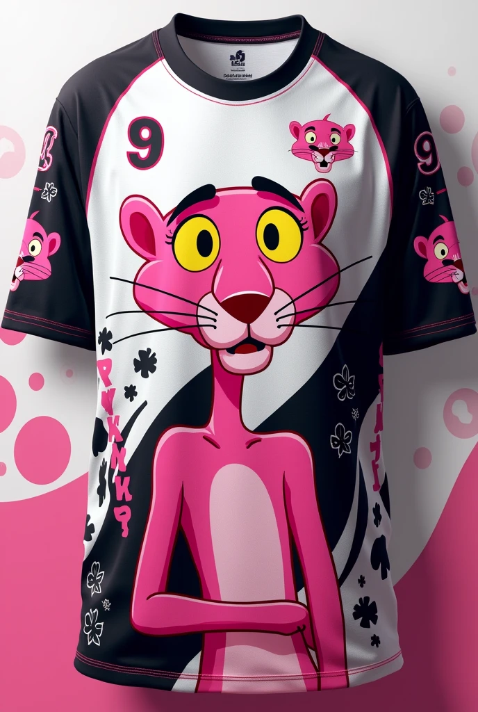 Create a shirt for a school interclass team with a pink panther print and the number 9 year which is the team name. Be creative with your blouse design , you can put some shades of white and black with the pink . Create details on the sleeve and blouse that surprise