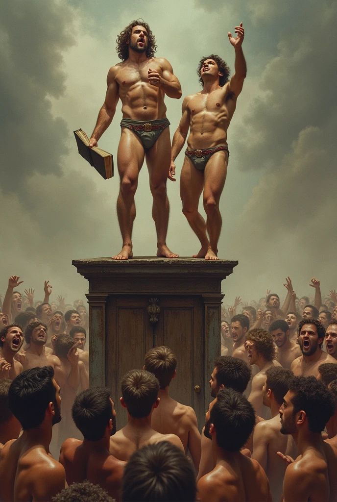 2 naked men preaching, one with his bible and the other standing on an old pulpit and people laughing around them