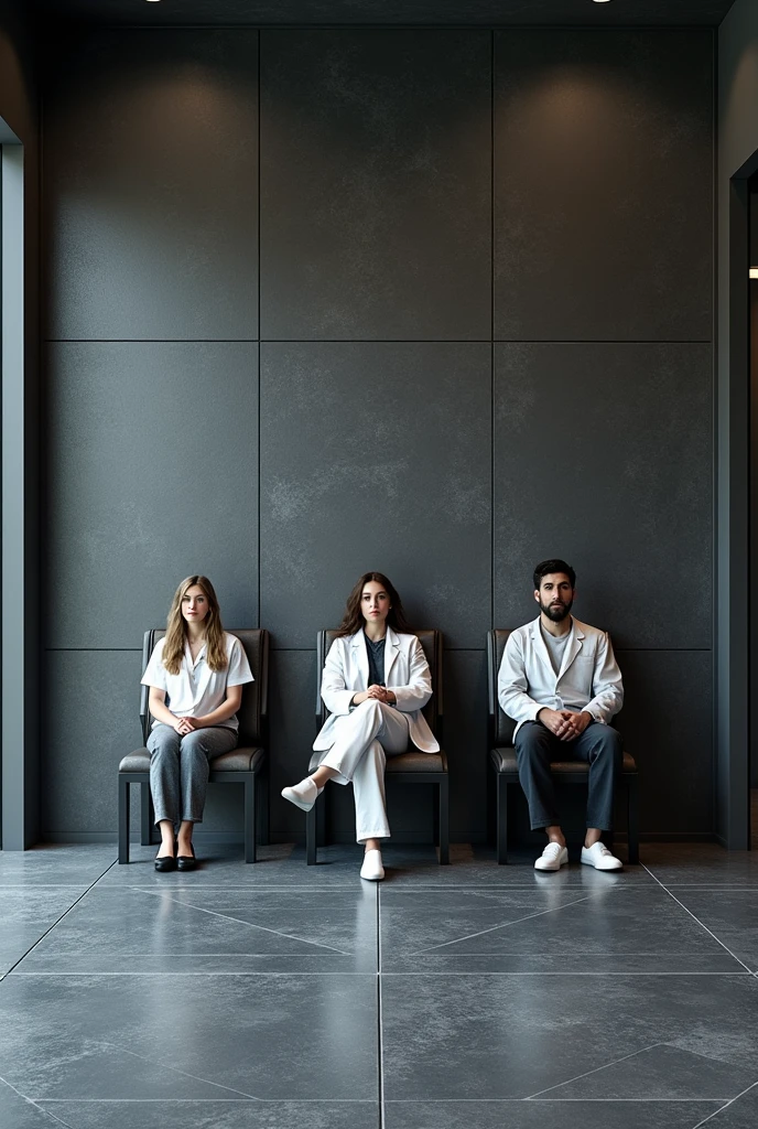 Clinic room with 3 people sitting with dark grey terrazzo floor with strapping