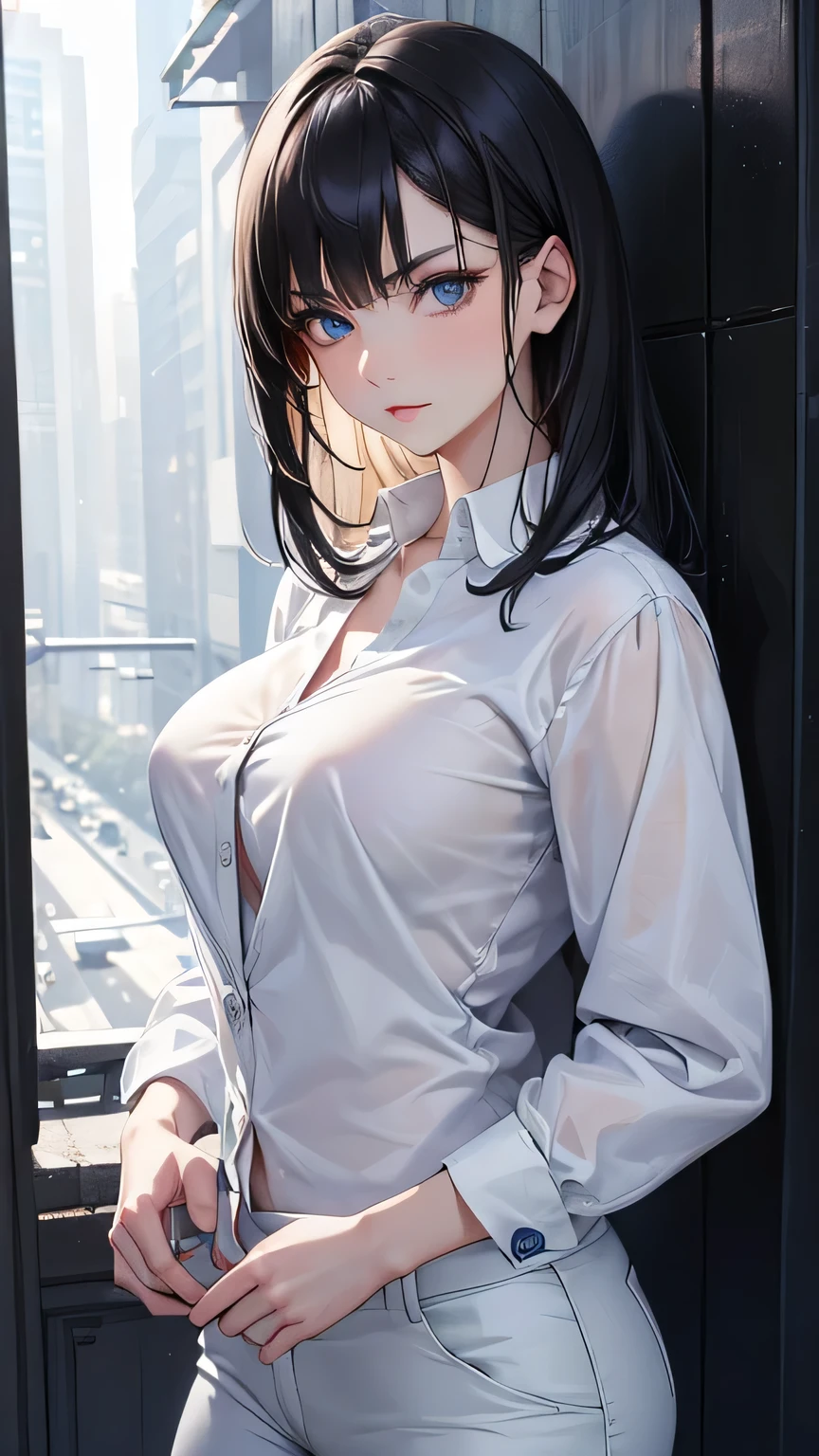 (Highest quality)), Ultra-high resolution,Adult women, alone, sexy, (Serious expression), (Blue eyes), Beautiful and symmetrical face, (Black cut medium hair),A white shirt with loose buttons,Suit pants,Realistic:1.4,Realistic:1.4,Night Alley,(masterpiece:1.2),Perfect Eyes,Perfect Eyes,Ample breasts