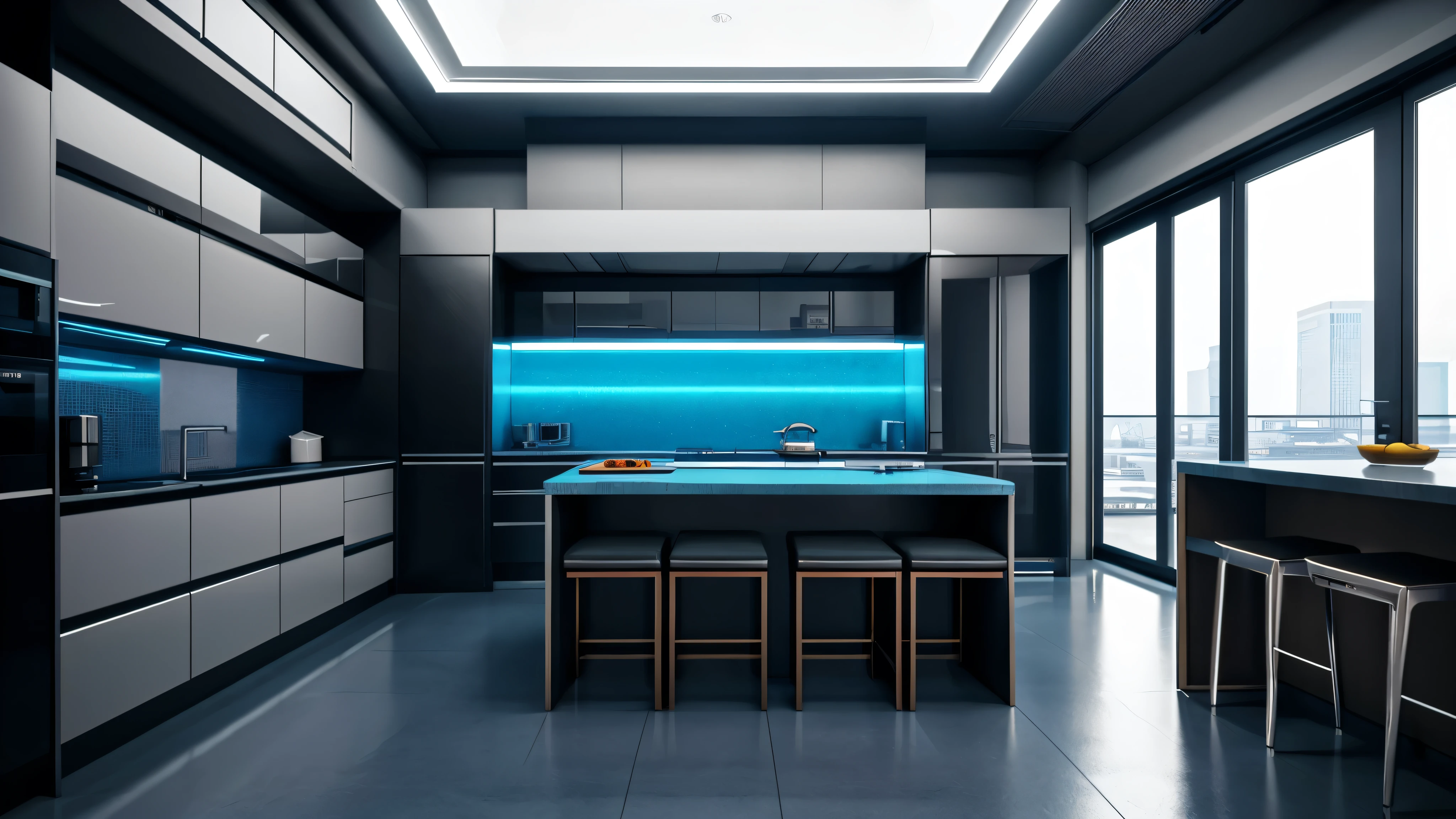 scifi, cyberpunk, clean, futuristic, kitchen, daylight, much space, wide angle