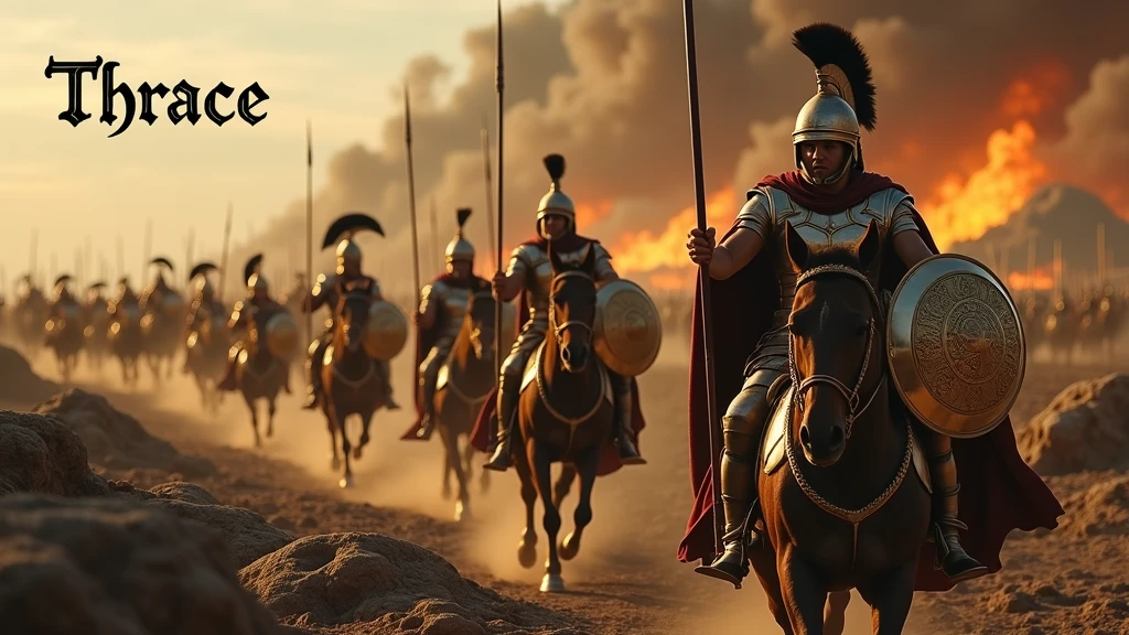( photographie ; ultra-réaliste ; ultra-détailé ) Armée de thrace dans la grèce antique portant des armures reflétant la lumière, des casques de hoplites, des capes dorée, munie de leurs lances d'argents et leurs bouclier dorés, ils chargent vers les ennemies à pied ou à cheval, sur un champ de bataille apocalyptique dévasté, jonché de cadavres. En arrière plan on aperçoit la ville de Troies en feu. Il est écrit "Thrace" dans le ciel en lettre gothique
