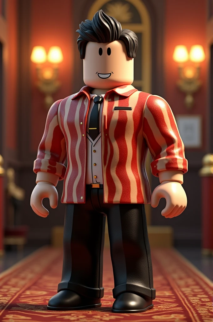 I want you to create me a roblox avatar where that Avatar has a 3D bacon hair shirt and is a person who has a lot of money and Premium and