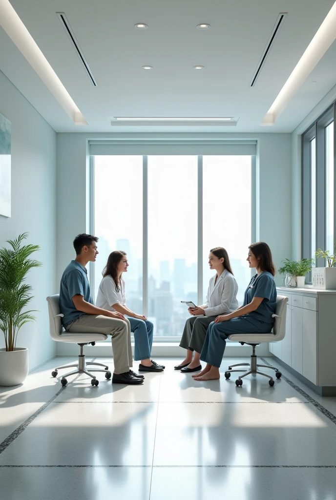 Clinic room with 3 people sitting with light grey terrazzo floor with strapping